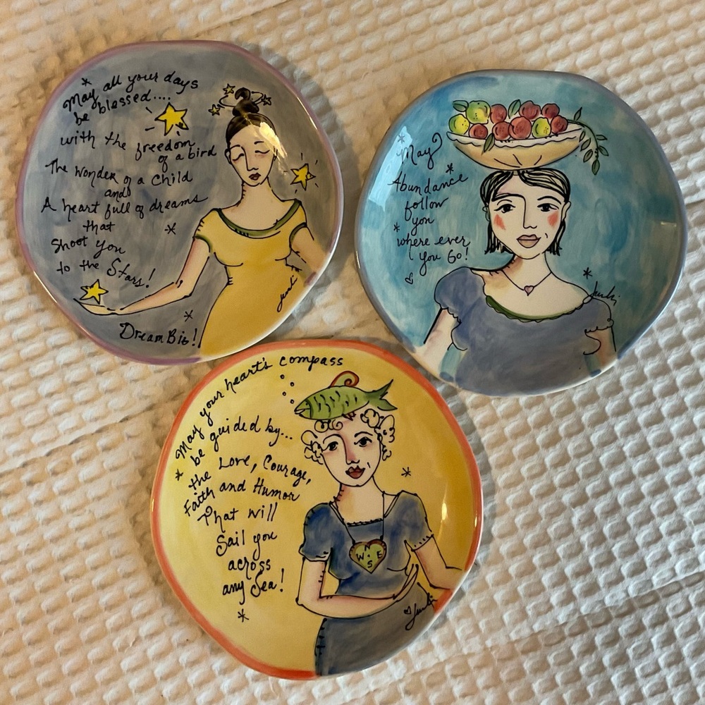Lot of 3 Julia Duncan ceramic plates, whimsical decorative hand painted 8”
